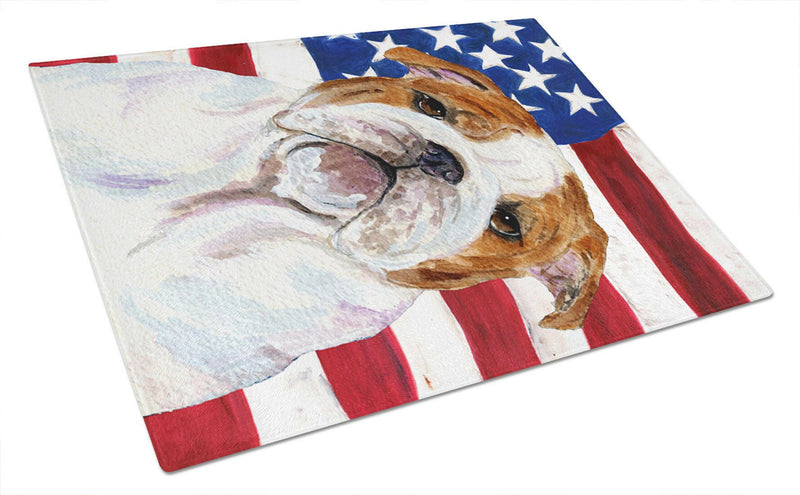 USA American Flag with Bulldog English Glass Cutting Board Large