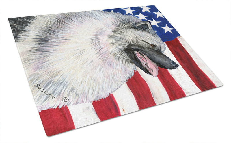 USA American Flag with Keeshond Glass Cutting Board Large