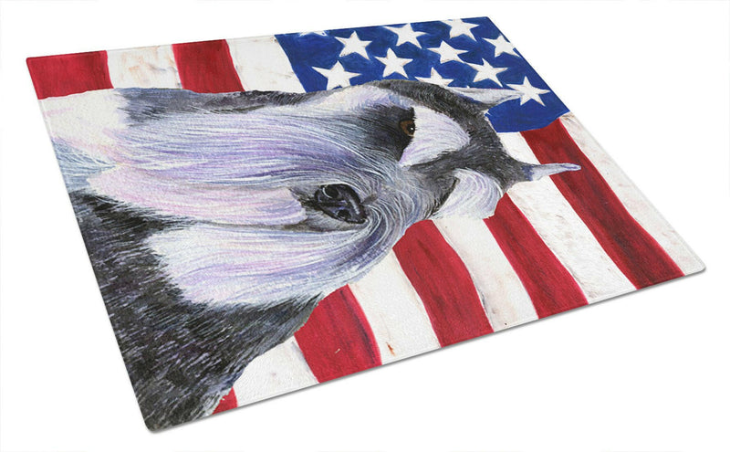 USA American Flag with Schnauzer Glass Cutting Board Large