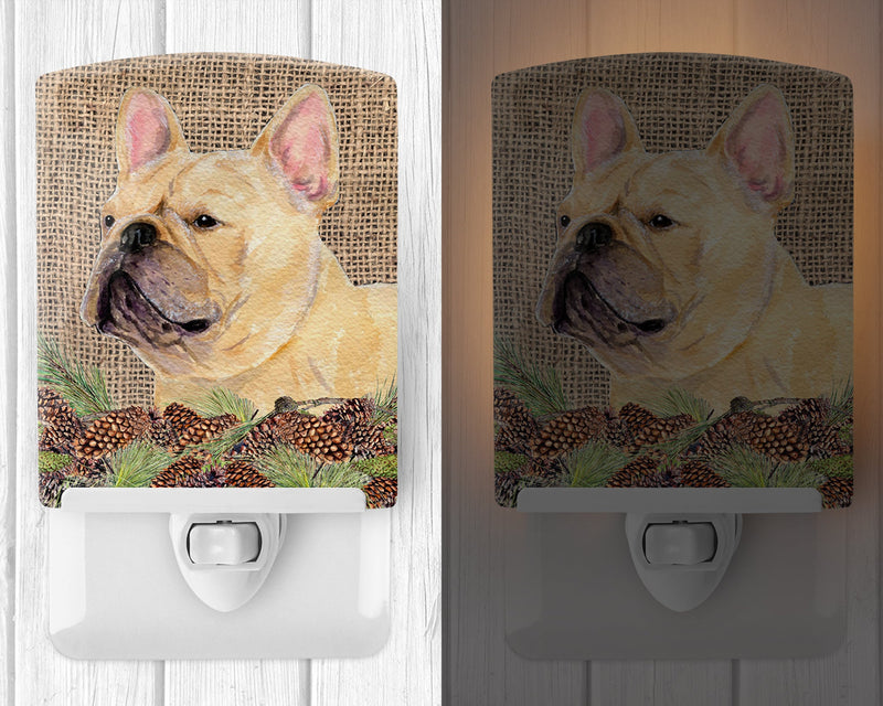 French Bulldog on Faux Burlap with Pine Cones Ceramic Night Light SS4076CNL