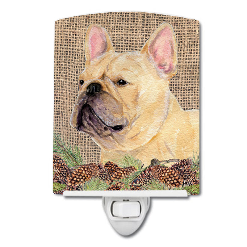 French Bulldog on Faux Burlap with Pine Cones Ceramic Night Light SS4076CNL