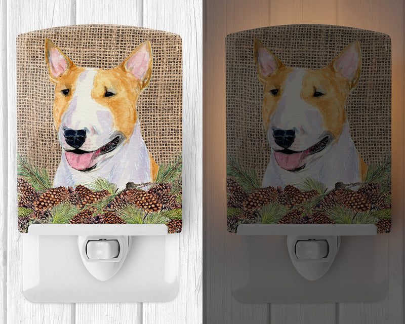 Bull Terrier on Faux Burlap with Pine Cones Ceramic Night Light SS4086CNL