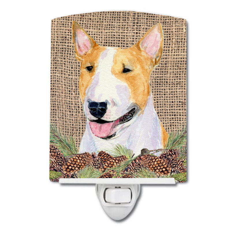 Bull Terrier on Faux Burlap with Pine Cones Ceramic Night Light SS4086CNL