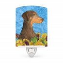 Doberman in Summer Flowers Ceramic Night Light Compact, UL-Certified, Ideal for Bedroom, Bathroom, Nursery, Hallway, Kitchen, 6x4x3, Multicolor