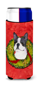 Boston Terrier Cristmas Wreath Slim Can Hugger – Fun & Functional Drink Coolers SS4203MUK