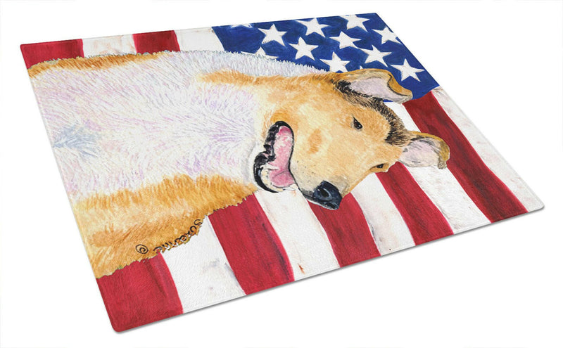 USA American Flag with Collie Smooth Glass Cutting Board Large