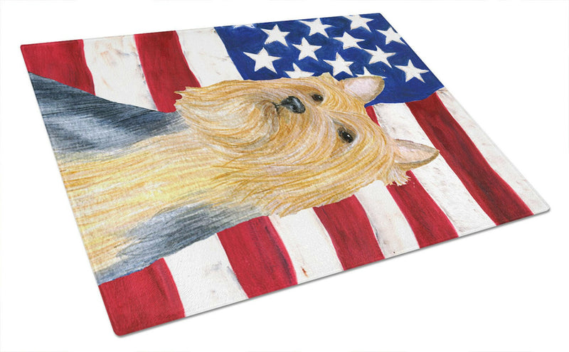 USA American Flag with Silky Terrier Glass Cutting Board Large