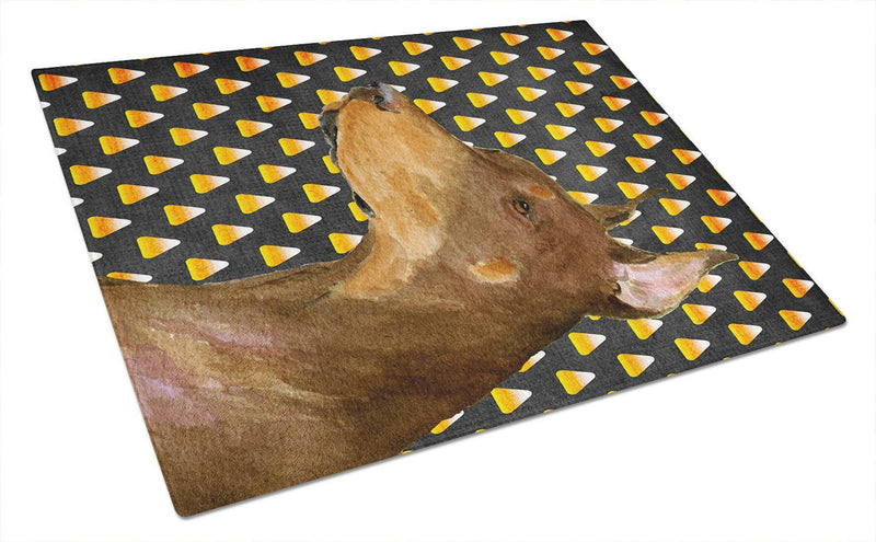 Doberman Candy Corn Halloween Portrait Glass Cutting Board Large