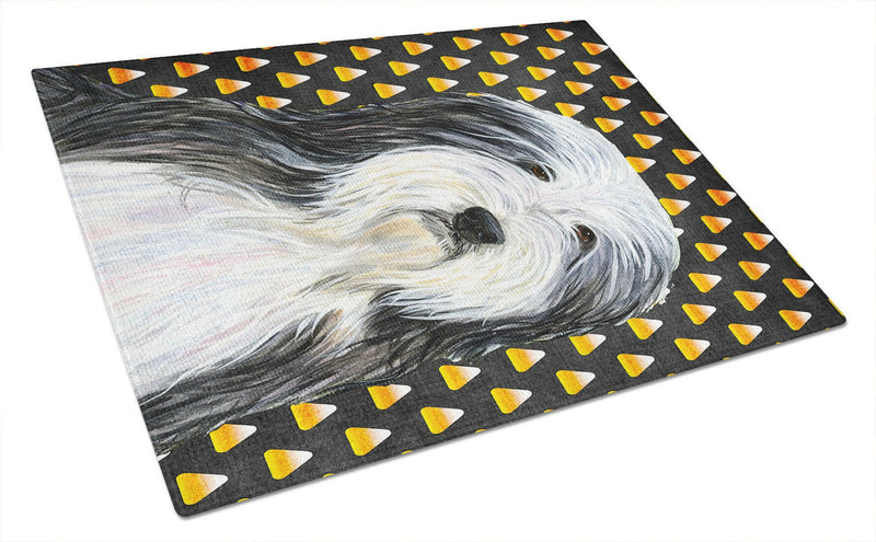 Bearded Collie Candy Corn Halloween Portrait Glass Cutting Board Large