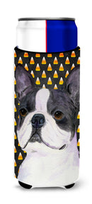 Boston Terrier Candy Corn Halloween Portrait Slim Can Hugger – Fun & Functional Drink Coolers SS4309MUK