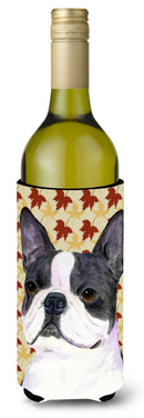 Boston Terrier Fall Leaves Portrait Wine Bottle Beverage Insulator Beverage Insulator Hugger SS4340LITERK