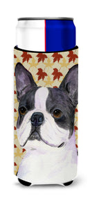Boston Terrier Fall Leaves Portrait Slim Can Hugger – Fun & Functional Drink Coolers SS4340MUK