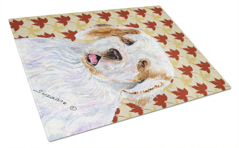 Clumber Spaniel Fall Leaves Portrait Glass Cutting Board Large