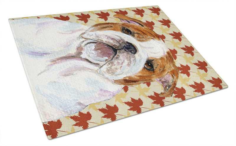 Bulldog English Fall Leaves Portrait Glass Cutting Board Large