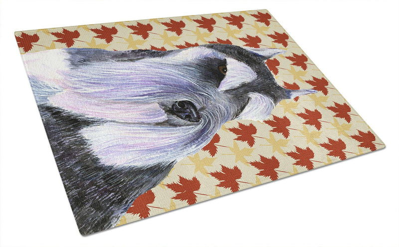 Schnauzer Fall Leaves Portrait Glass Cutting Board Large