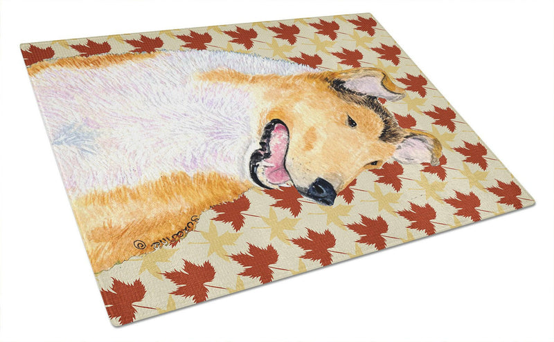 Collie Smooth Fall Leaves Portrait Glass Cutting Board Large