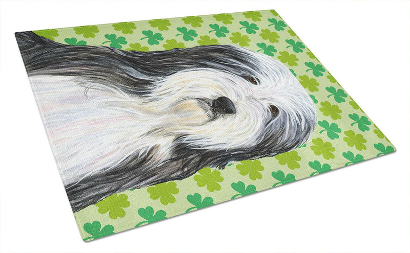 Bearded Collie St. Patrick's Day Shamrock Portrait Glass Cutting Board Large