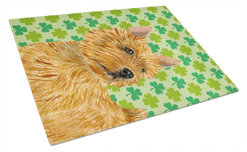 Norwich Terrier St. Patrick's Day Shamrock Portrait Glass Cutting Board Large