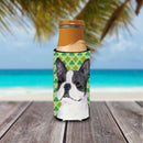 Boston Terrier St. Patrick's Day Shamrock Portrait Slim Can Hugger , Insulated Foam Hugger for 12 oz Slim Cans, Beer Bottles & Water Bottles, Printed in USA