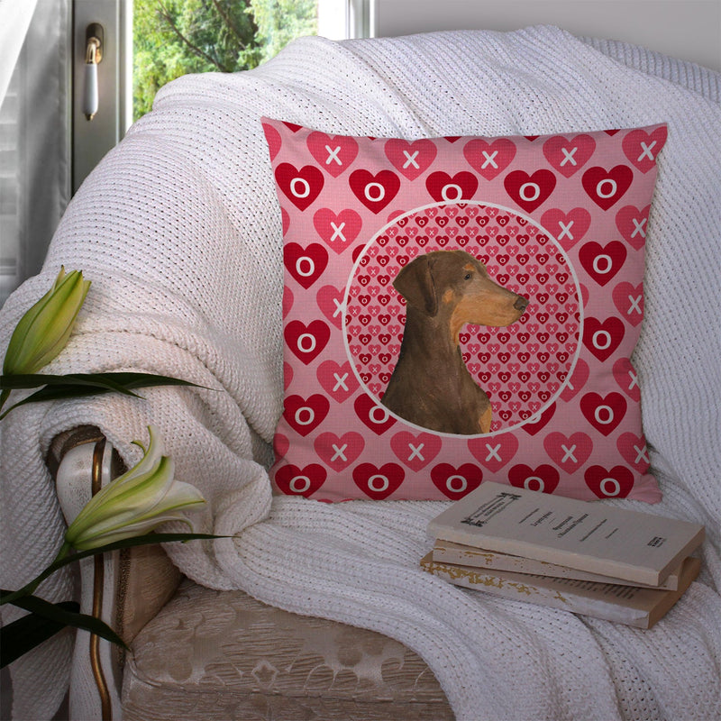 Doberman Hearts Love and Valentine's Day Portrait Throw Pillow - 14x14 Decorative Pillow – Art for Your Home & Patio SS4479PW1414