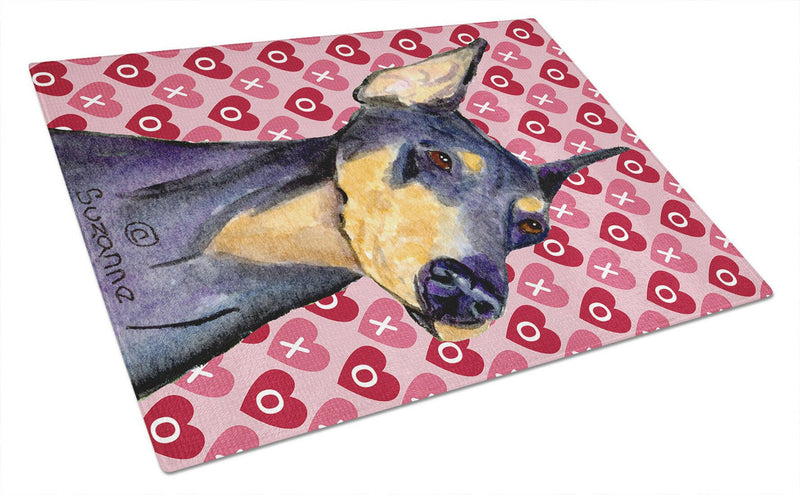 Doberman Hearts Love and Valentine's Day Portrait Glass Cutting Board Large