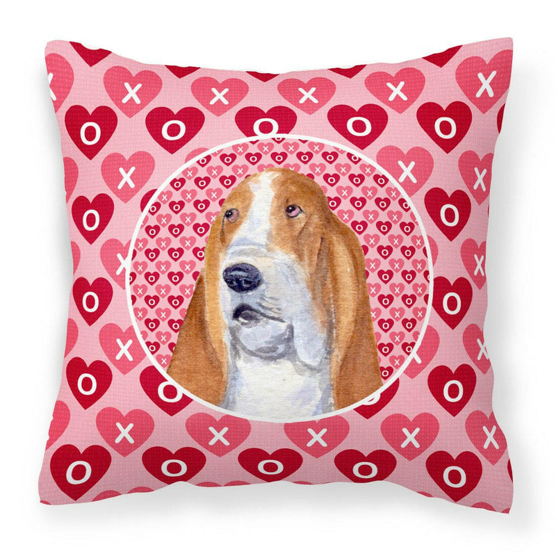 Basset Hound Hearts Love and Valentine's Day Portrait Fabric Decorative Pillow SS4528PW1414