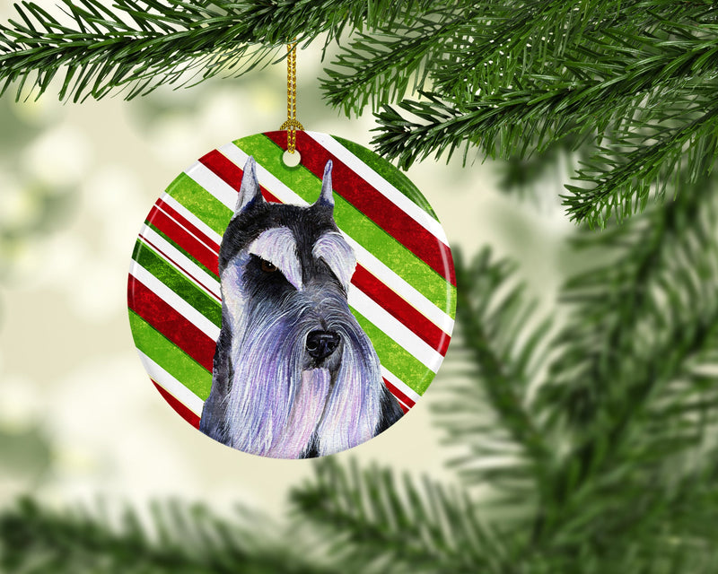 Schnauzer Candy Cane Holiday Christmas Ornament - Round Ceramic Ornament – Artist-Designed Keepsake Decoration SS4546