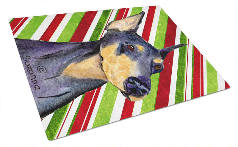 Doberman Candy Cane Holiday Christmas Glass Cutting Board Large