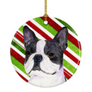 Boston Terrier Candy Cane Holiday Christmas Ornament - Round Ceramic Ornament – Artist-Designed Keepsake Decoration SS4585