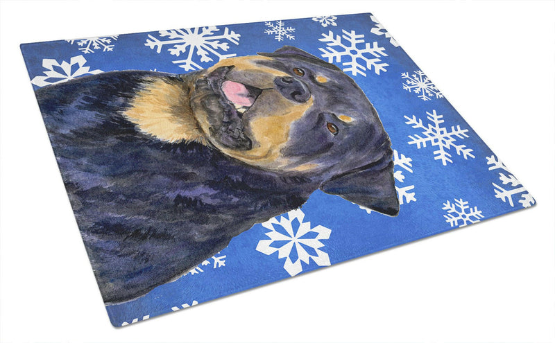 Rottweiler Winter Snowflakes Holiday Glass Cutting Board Large