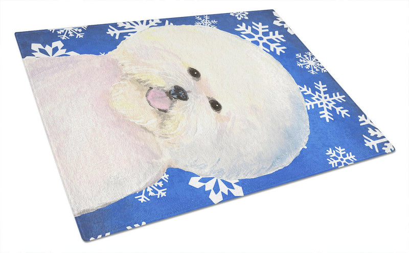 Bichon Frise Winter Snowflakes Holiday Glass Cutting Board Large