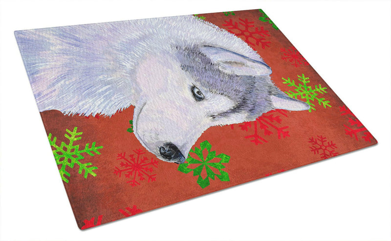 Siberian Husky Red and Green Snowflakes  Christmas Glass Cutting Board Large