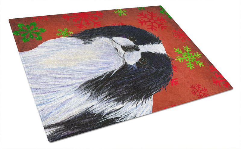 Japanese Chin Red and Green Snowflakes Christmas Glass Cutting Board Large