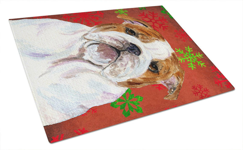 Bulldog English Red and Green Snowflakes Christmas Glass Cutting Board Large