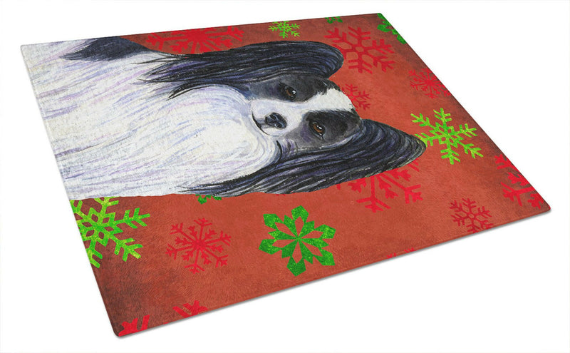 Papillon Red and Green Snowflakes Holiday Christmas Glass Cutting Board Large