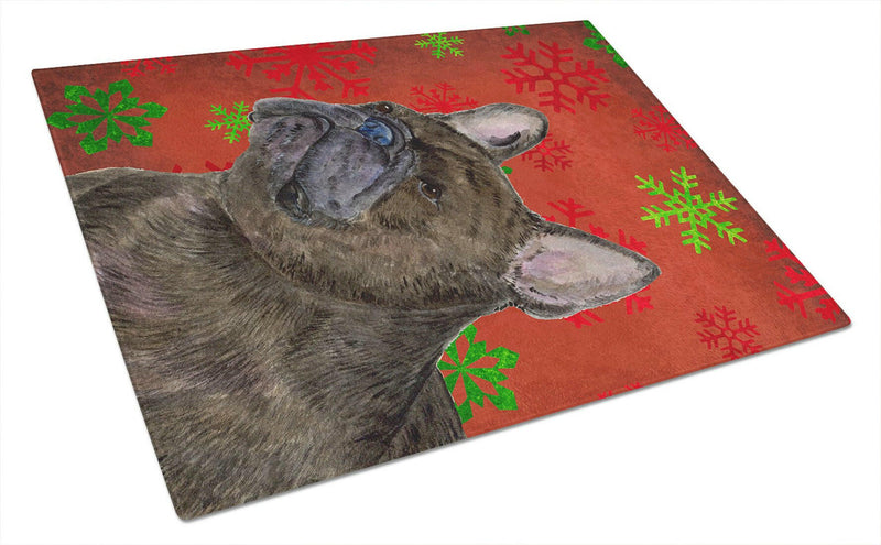 French Bulldog Red and Green Snowflakes Christmas Glass Cutting Board Large