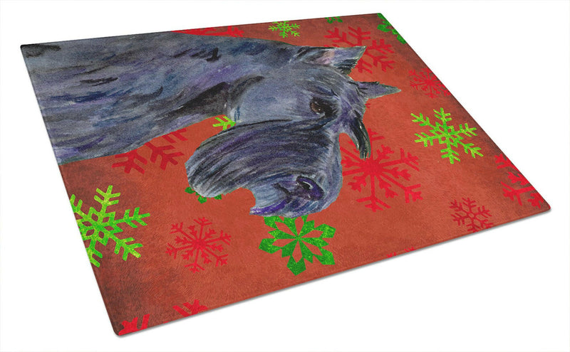 Scottish Terrier Red and Green Snowflakes Christmas Glass Cutting Board Large