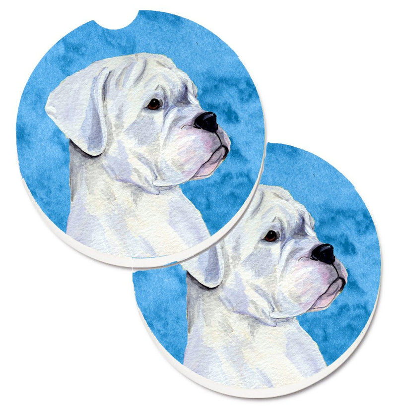 Blue White Natural Eared Boxer Car Coasters – Set of 2 - Absorbent Stone with Fun & Functional Artwork SS4785-BUCARC