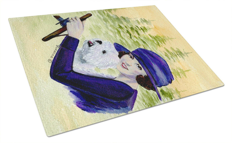 Woman driving with her Westie Glass Cutting Board Large