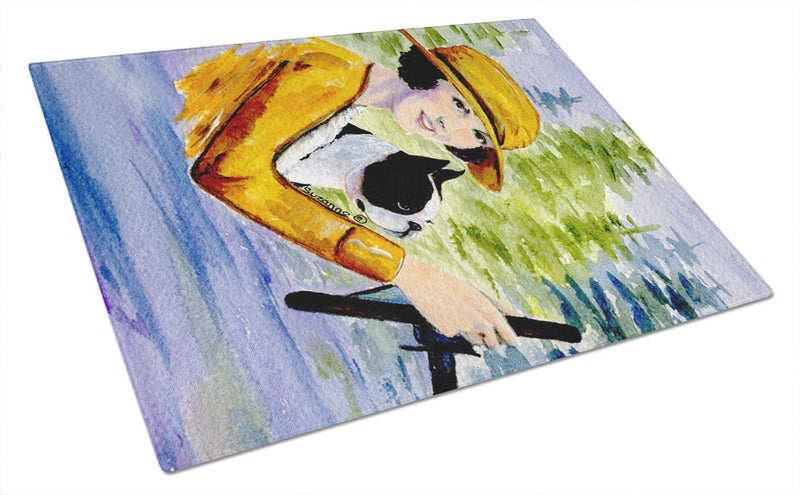 Woman driving with her Boston Terrier Glass Cutting Board Large