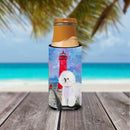 Lighthouse with Bichon Frise Slim Can Hugger , Insulated Foam Hugger for 12 oz Slim Cans, Beer Bottles & Water Bottles, Printed in USA