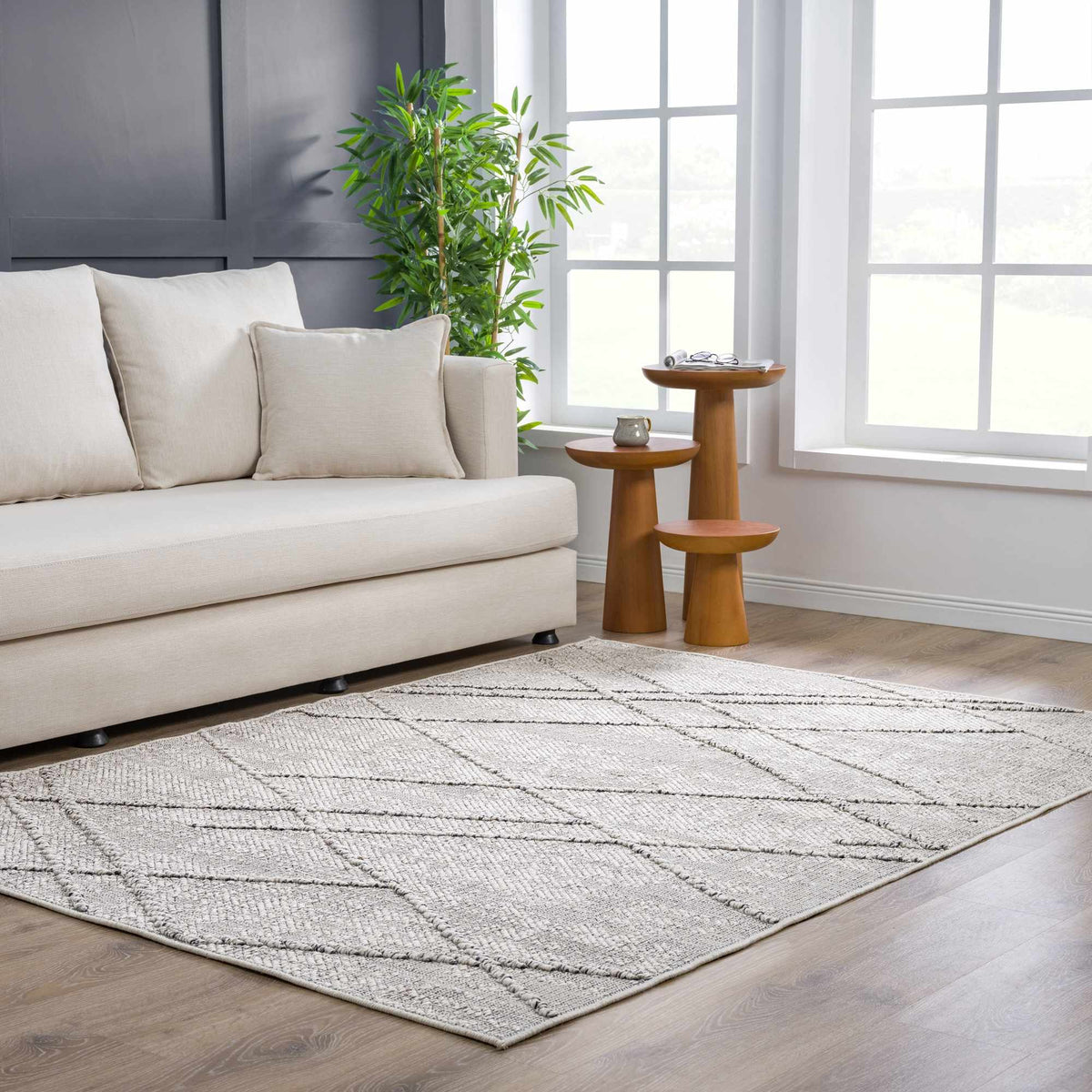 Baqer Bone & Taupe Area Rug, installed in a room