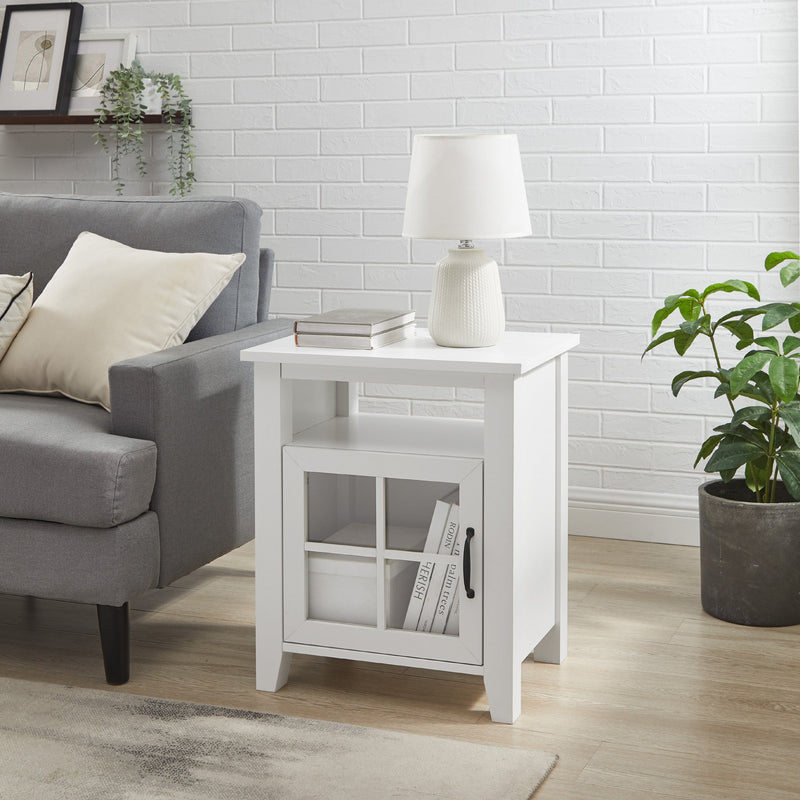 Modern Windowpane Glass Door Side Table with Open Cubby