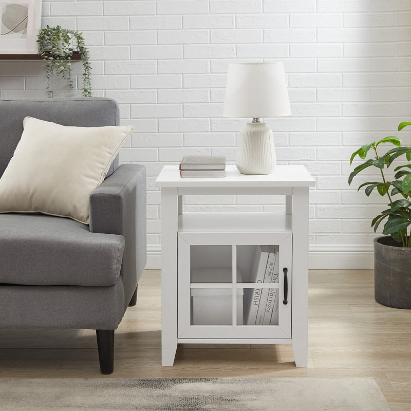 Modern Windowpane Glass Door Side Table with Open Cubby