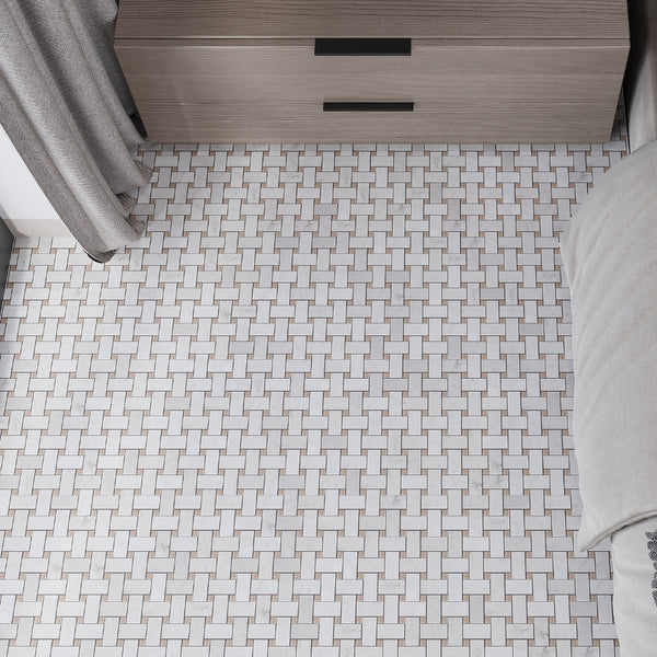 Bianco Carrara, Eastern Beige 12x12 Polished Basketweave Marble Mosaic Tile (5 pack, 5 sq ft/case)