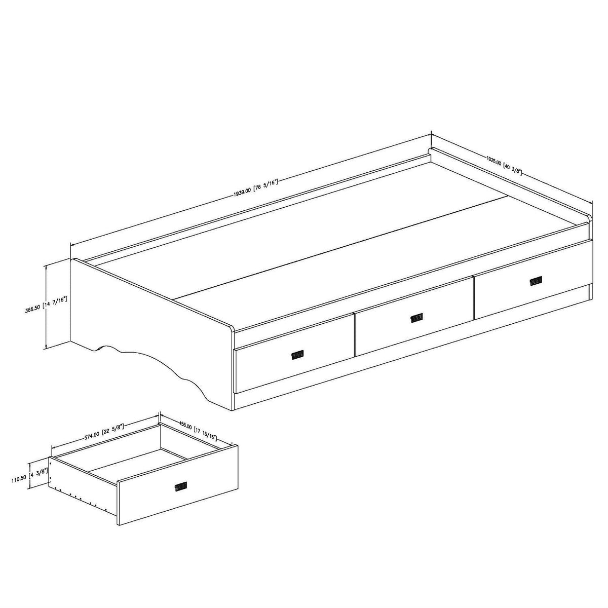 Twin size White Platform Bed Frame with 3 Storage Drawers, photo 3 of 3