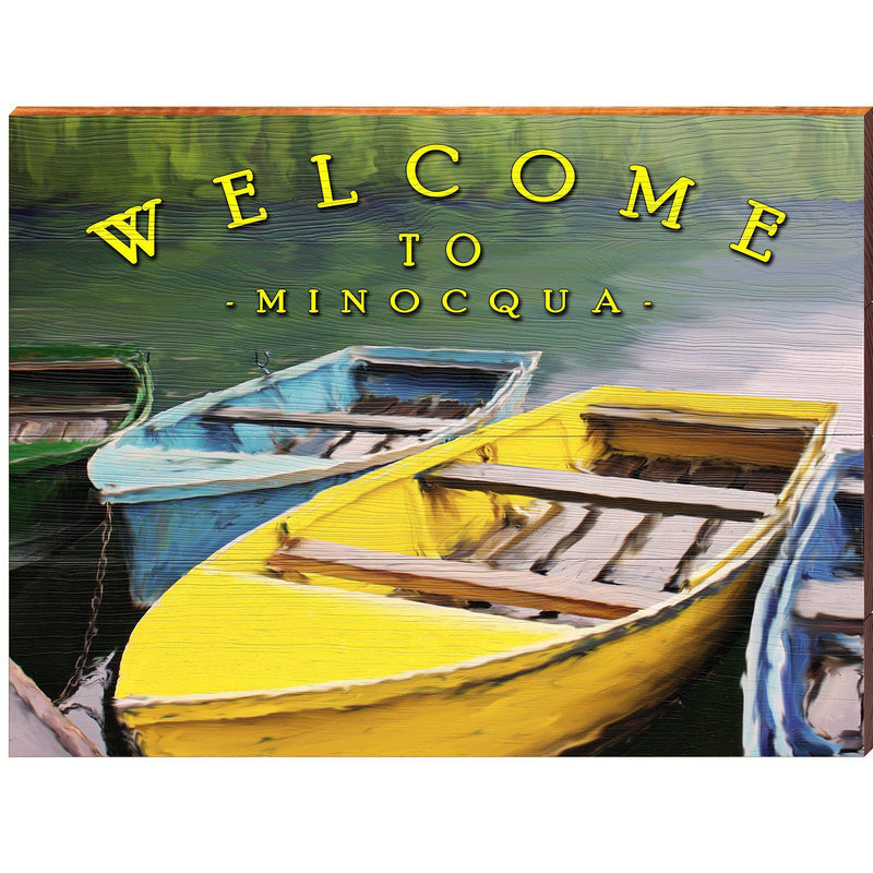 Welcome to Minocqua Colorful Boats | Wall Art Print on Real Wood