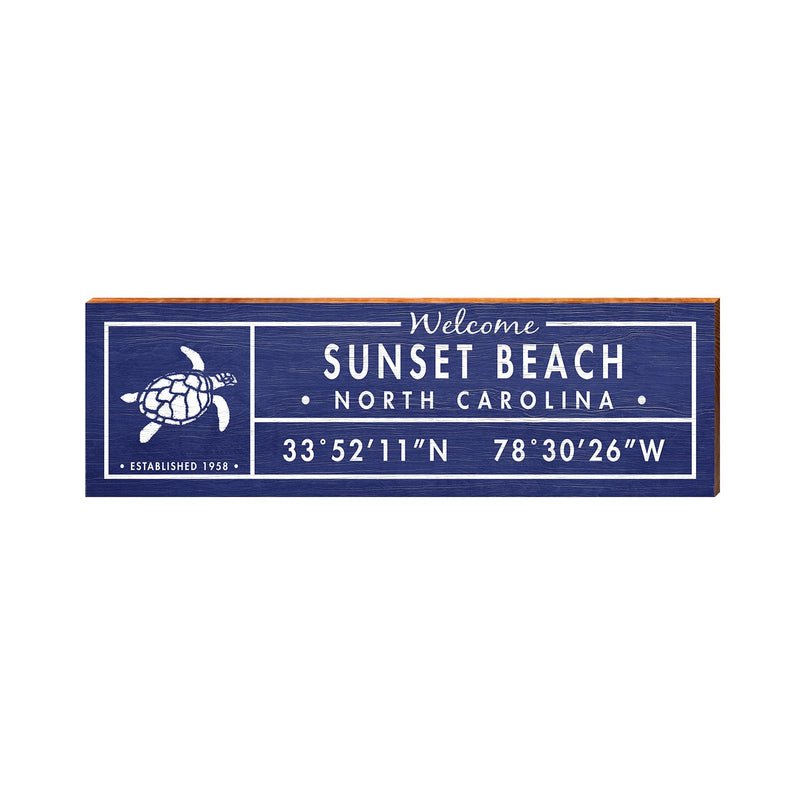 Sunset Beach, North Carolina Navy Welcome Wooden Sign w/ Sea Turtle | Wall Art Print on Real Wood