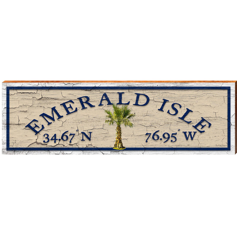 Emerald Isle Palm Tree Tan Latitude Longitude | Wall Art Print on Real Wood