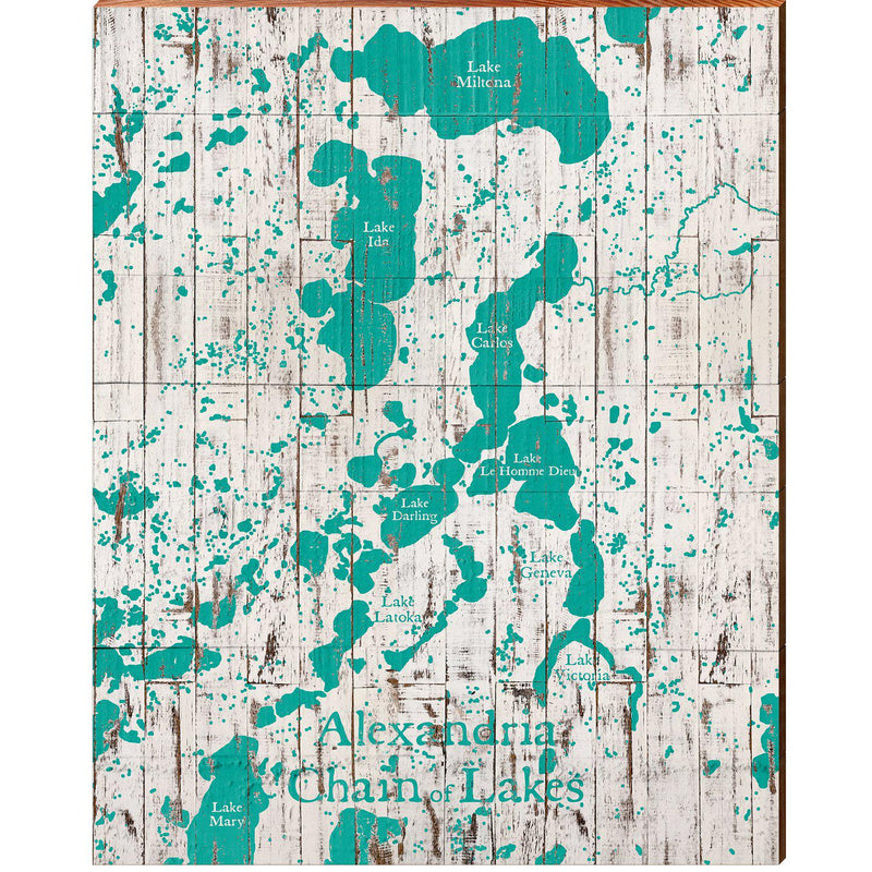 Alexandria Chain of Lakes White & Teal Shabby Map | Wall Art Print on Real Wood